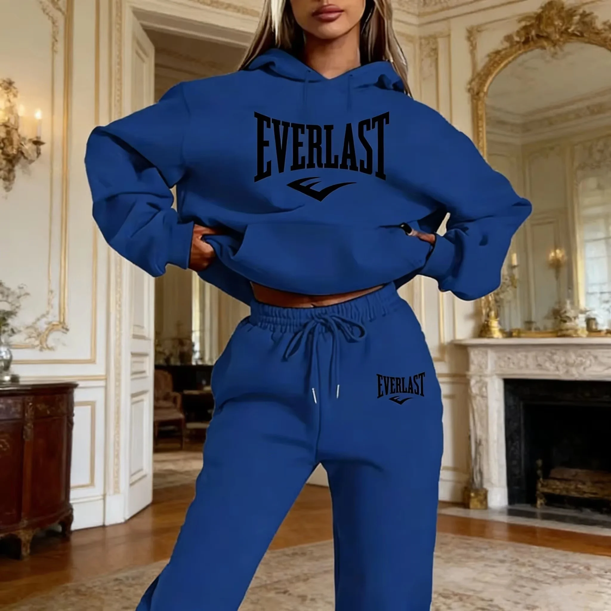 Two-piece Tracksuit Set with Letter Print for Women, Fashionable Running Sweatshirt, Sports Hoodie with Drawstring, Quality Fitn