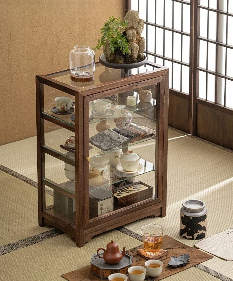

Transparent glass Wenwan display cabinet Floor-to-ceiling integrated walnut storage cabinet Desktop solid wood storage cabinet