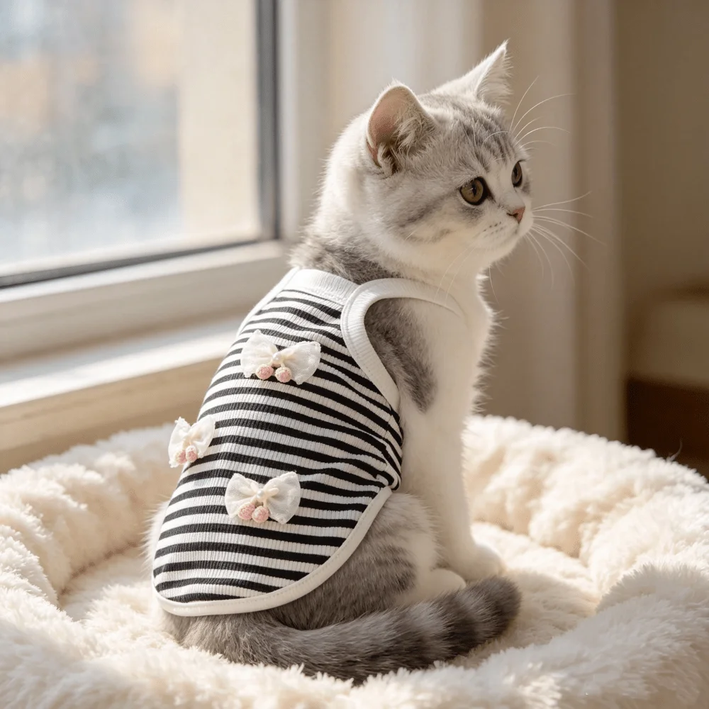 1pc Bow Pom Pom Decor Striped Ribbed Pet Sling Vest, Breathable Summer Sleeveless Top for Small Puppies & Cats