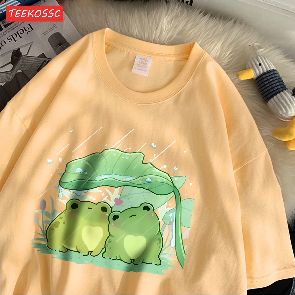 Fashion Cotton Womens T-Shirts Two Frogs Sheltering From The Rain Printing Short Sleeve Soft Loose O-Neck Street Female Clothes