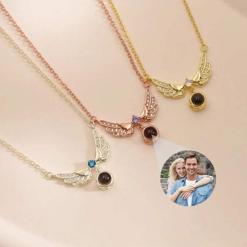 Custom Picture Angel Wing Pendant Necklace Personalized Photo Projection Birthstone Necklace Customized Jewelry Memorial Gifts