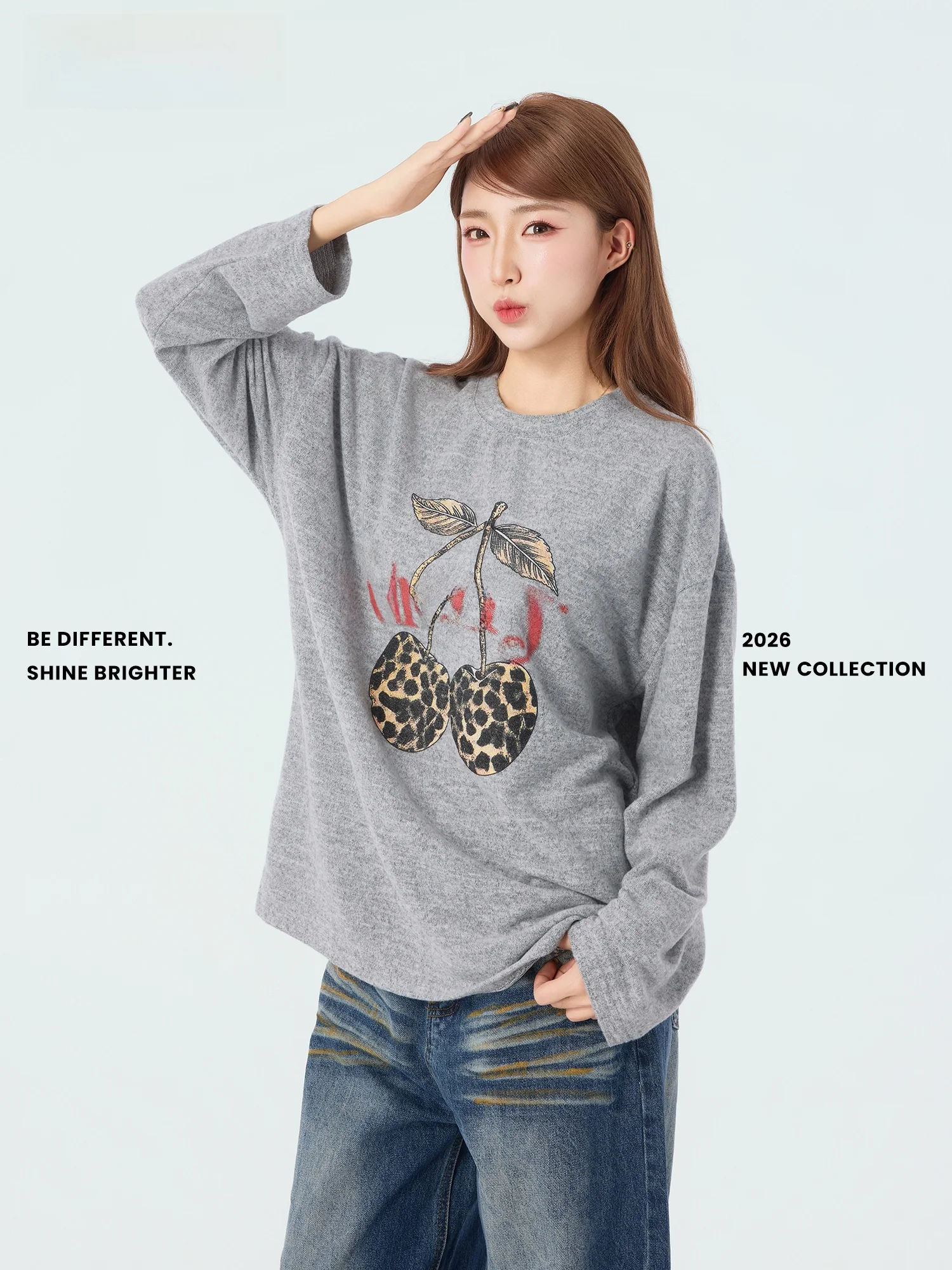 

Свободная длинная футболка с принтом вишни и леопарда, женская базовая футболка, весенняя новинка, повседневная, удобная, из смесового полиэстера