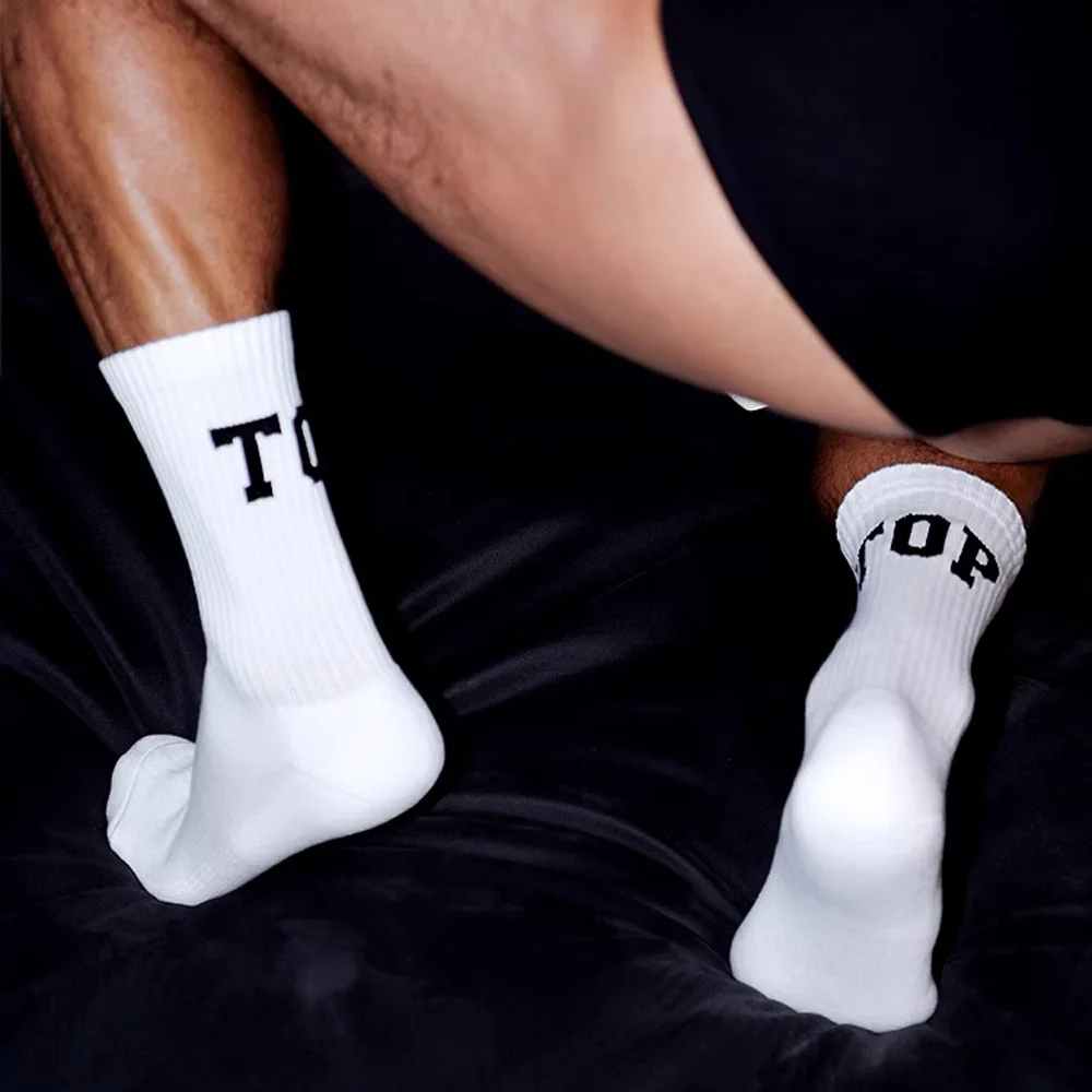 Men's White and Black TOP/BTM Sports Socks Tall Long Fitness Casual Towel Bottom Cotton Socks