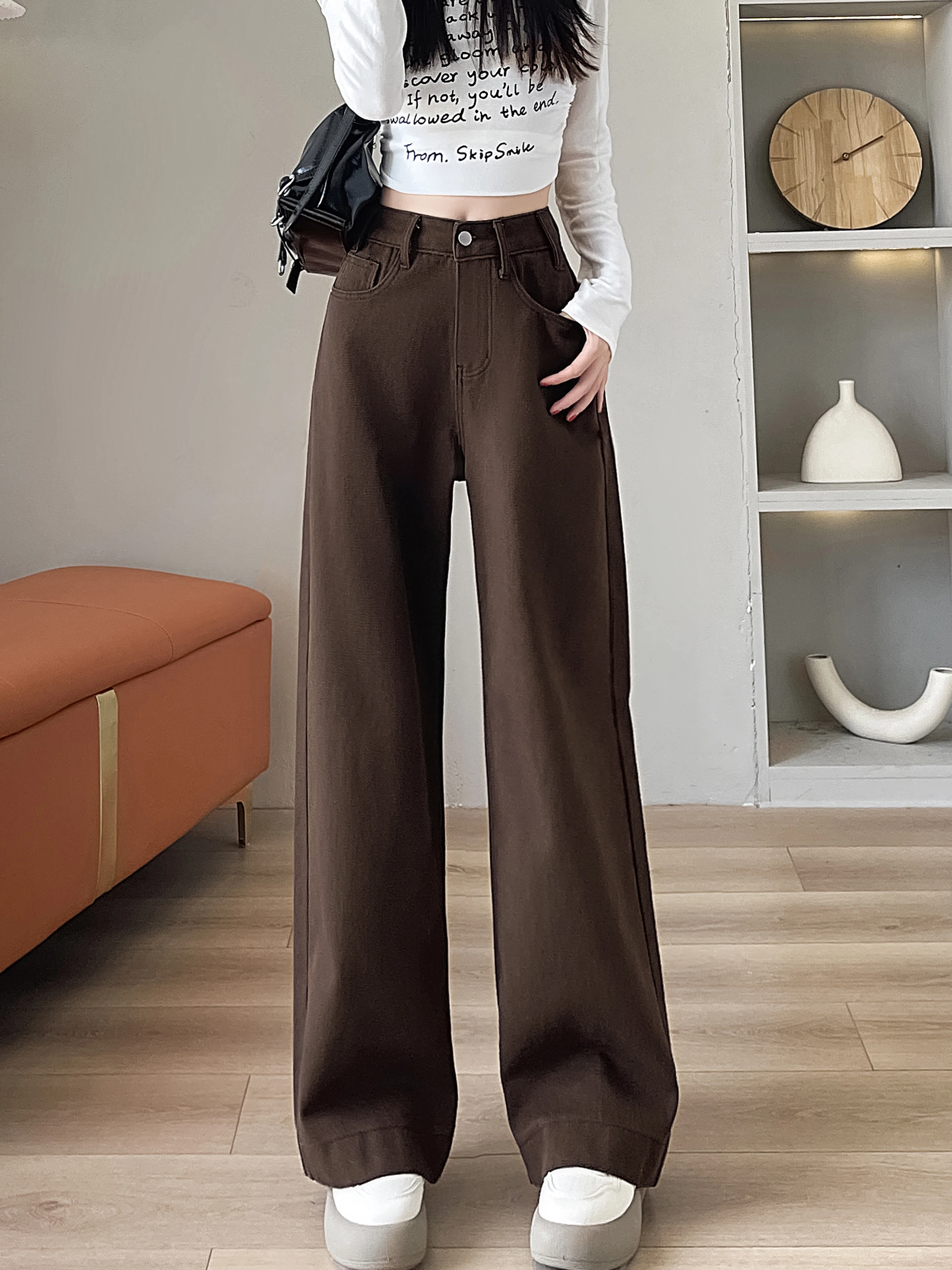 Hohe Taille Thiened Fce Gefüttert Kaffee Farbe Denim Hosen frauen Winter Neue Sle Lose Bodenlangen Breite Bein Hosen