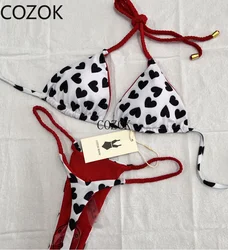 COZOK Swimwear Mulheres Bonito Coração Imprimir Conjunto De Biquíni Brasileiro Sexy Tanga Maiô Duas Peças Maiô Mulheres 2023 Beach Wear