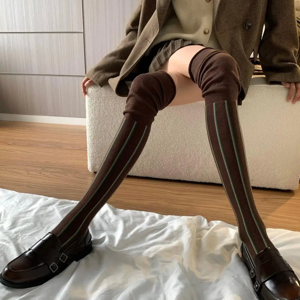 

Fashion Casual Vertical Stripe Over Knee Stockings Loose Mouth Stitching Slimming Stockings Stripe Print Elastic Over Knee Socks