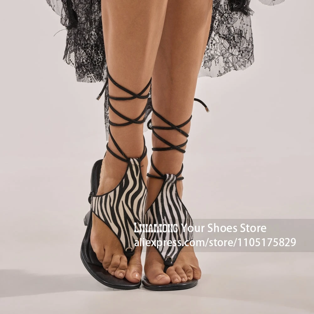 Zebra Print Thong Toe Sculptural Heel Sandals Lace-Up Ankle Strap Summer Shoes Novelty Style Handmade Unique Wedge Women Sandals