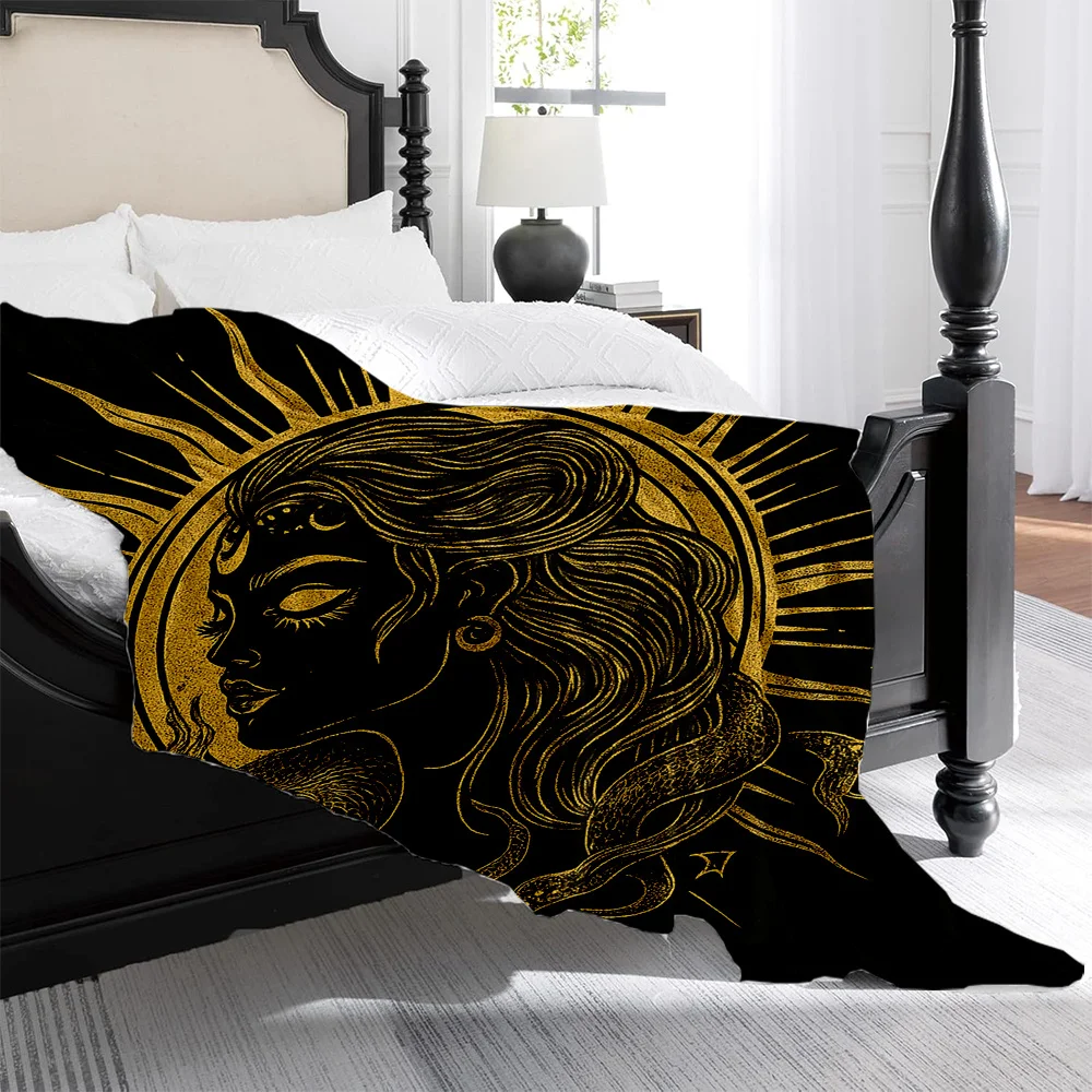 1pc Golden Goddess & Sun Print Flannel Blanket - High-Weight Soft Warmth, Light -Friendly All-Season Throw for Sofa, Bed, Office