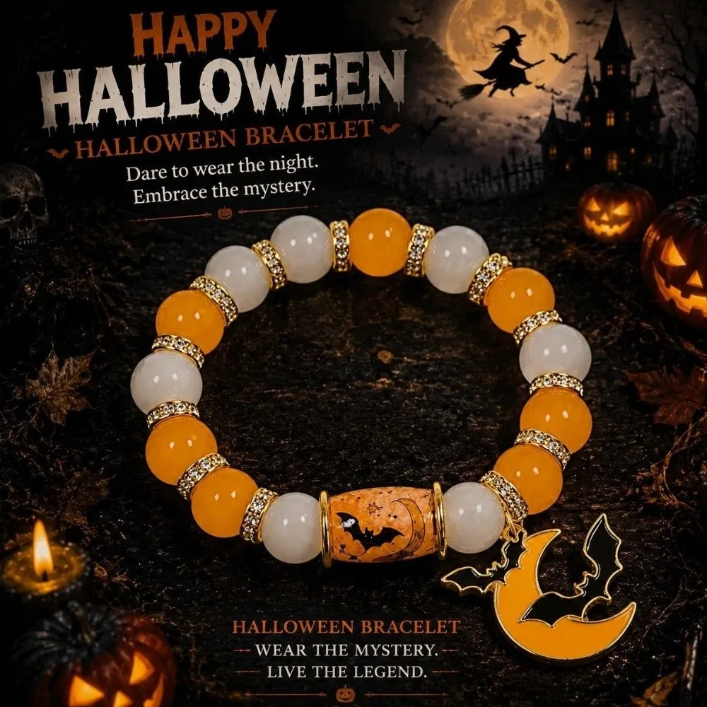 Elastic Halloween Crystal Bracelet Spooky Ghost with Pendant Beaded Bracelet Colorful Beads Ancient Castle Pumpkin Bracelet