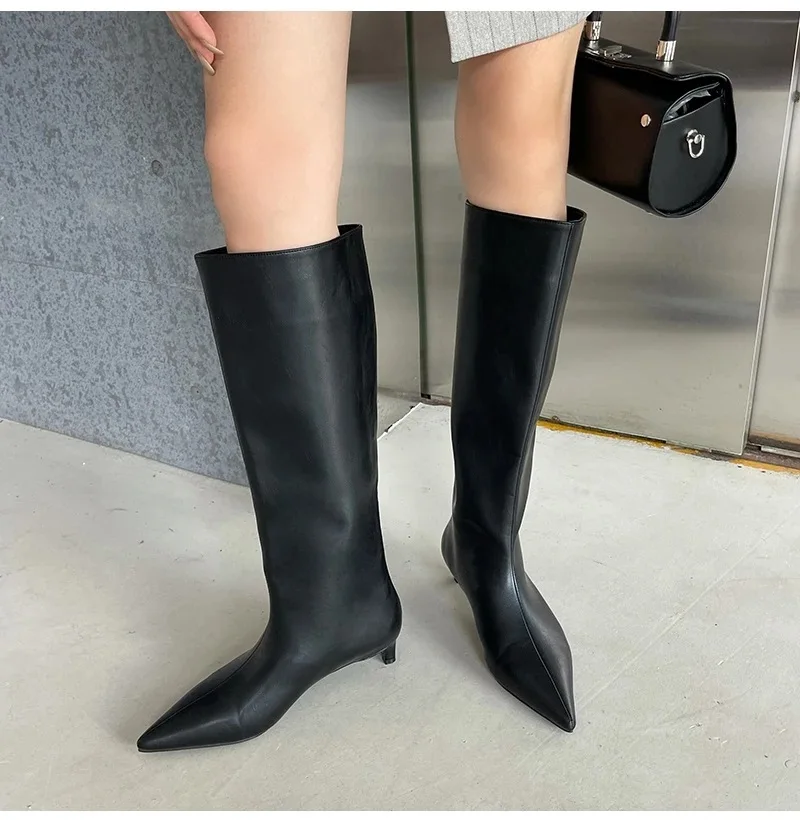 Eilyken High Quality Soft Leather Pointed Toe Knee-High Boots Woman Cosy Slip-On Low Heels Spring Autumn Ladies Shoes