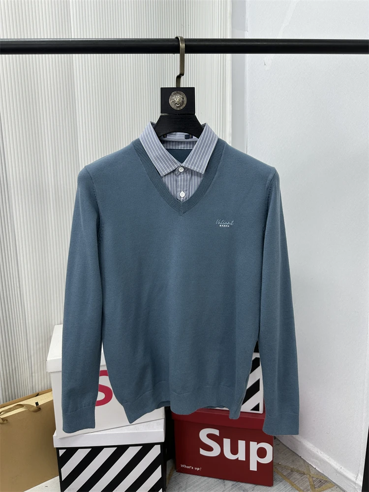 

Мужской модный простой теплый вязаный пуловер с длинным рукавом и воротником, приятный к телу, осенне-зимний, из смесового полиэстера