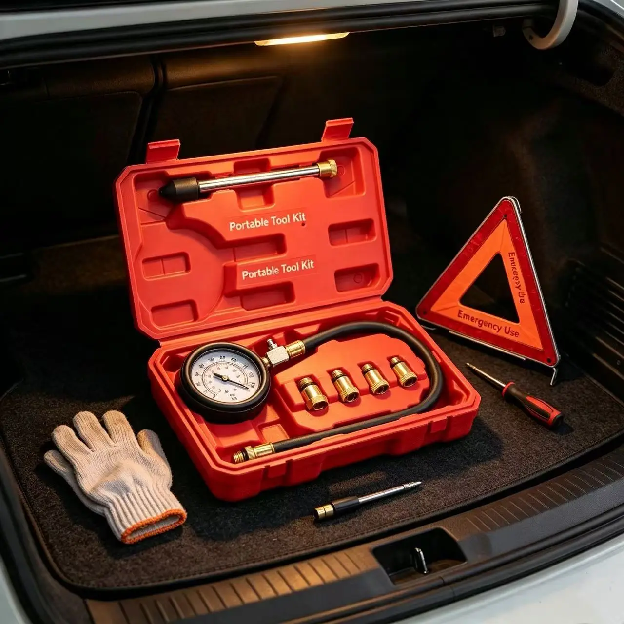 Cylinder Compression Tester Gauge Kit, Auto Gas Engine Test Tool with Brass Connectors, Rubber Hose & Hard Plastic Storage Case