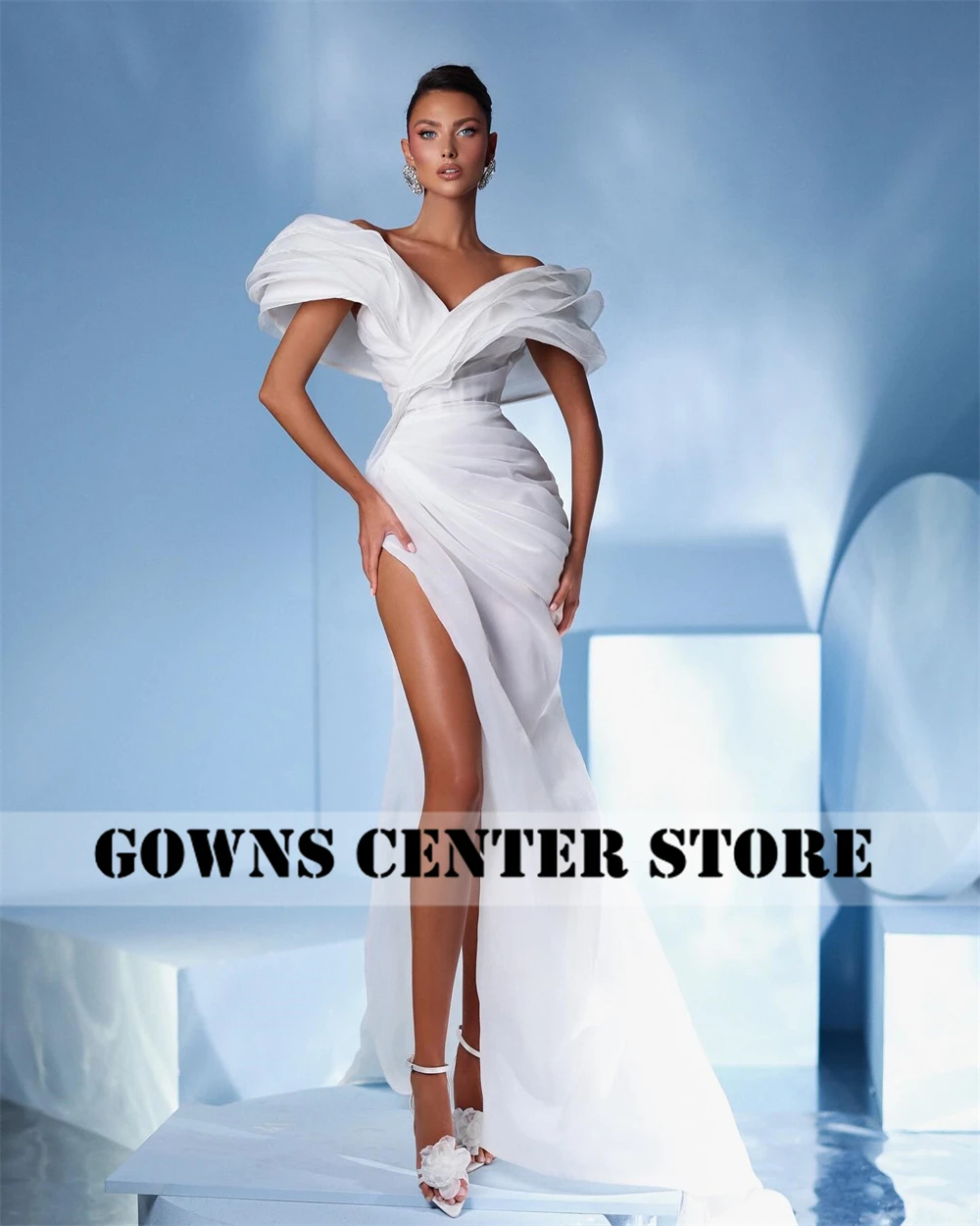 2025년 신부들을 위한 멋진 화이트 스플릿 웨딩드레스, 오프숄더 플리츠 아랍 신부 드레스, 두바이 리셉션 드레스 맞춤 제작