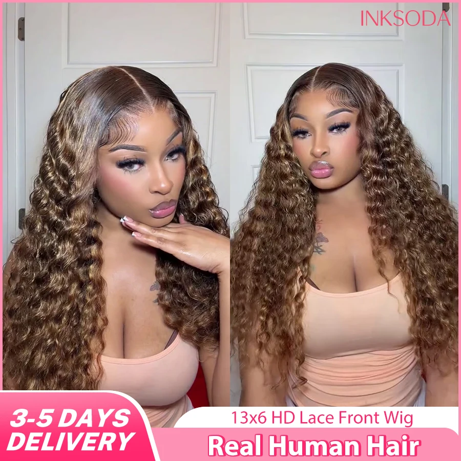 

Парик с глубокой волной и омбре-эффектом, цвет коричневый P4/27, с медово-блонд хайлайтами, 13x4, 13x6 HD кружевной фронтальный парик, кудрявый парик из натуральных волос, 40-30 дюймов