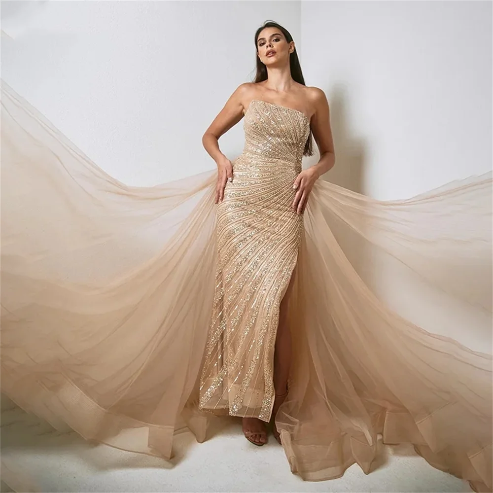 

2024 Sparkly Ankle Length Mermaid Evening Gowns Women's Strapless Beaded Sequin Party Prom Gown