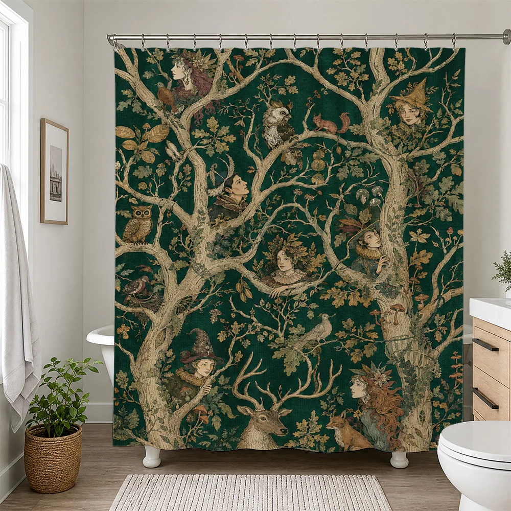 Enchanted Forest Woodland Animals Shower Curtain Dark Green Cottagecore Fairy Tale Bathroom Decor