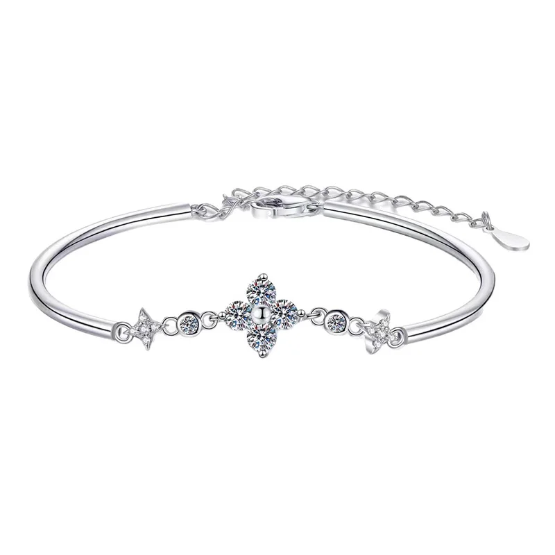 CZ Clover Bangle Bracelet Women Silver Color Pave Sparkly Flower Dainty Elegant Lucky Adjustable Fashion Jewelry Wedding Gift