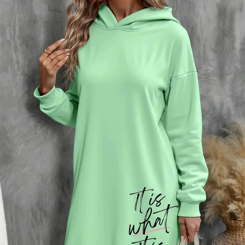 Autumn 2025 women's floral patterned hoodie dress - beige, featuring pink and blue floral prints, with a flowing long skirt