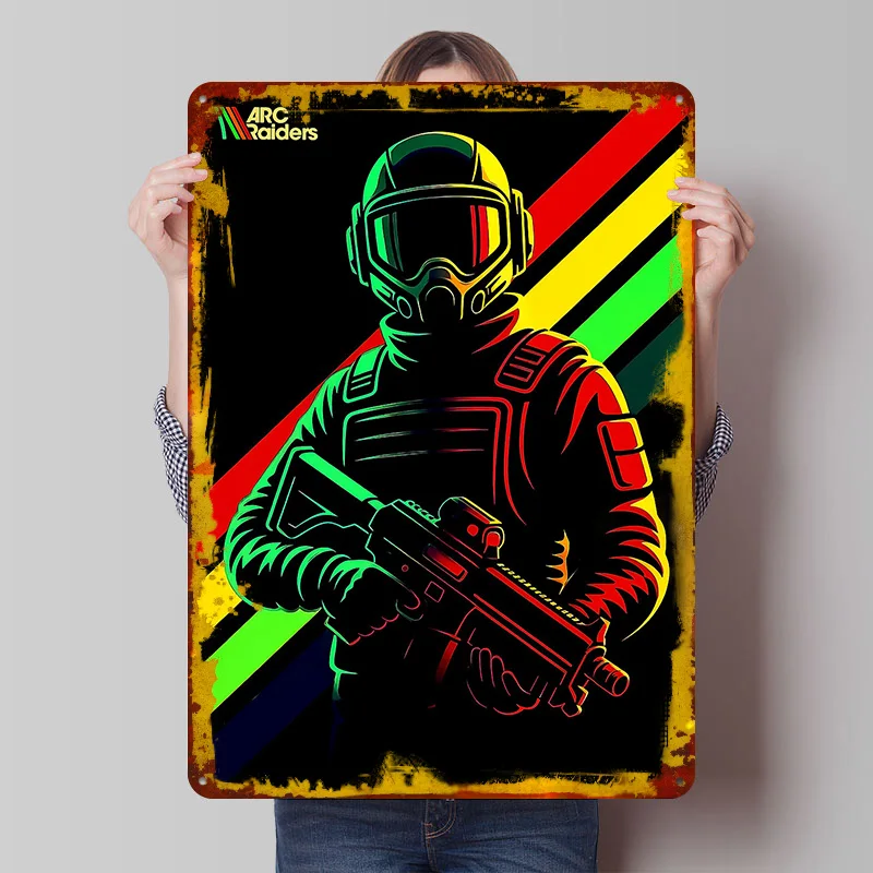 Arc Raiders Soldier Game Tinplate Poster Custom Wall Art Vintage Metal Signs Retro Tin Plaque for Coffee Bar Accessories Decor