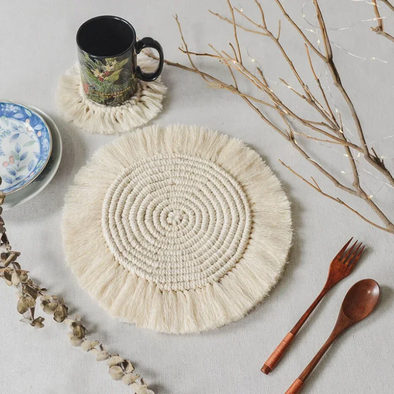 

Handmade Cup Mat Cotton Braid Coaster Bohemia Style Kitchen Accessories Non-Slip Macrame Cup Cushion Home Decor Round Place Mat