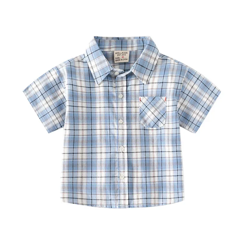 

New 2024 Baby Boys Summer Classic Plaid Shirts Kids Fashion Short Sleeve Lapel Shirt Children Casual Tops Clothing For 2-6 Years