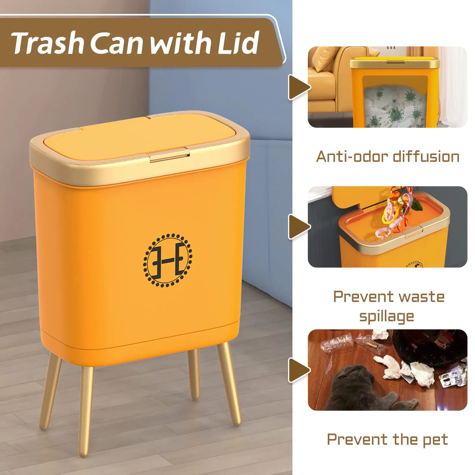 Bedroom Trash Can with Lid,Slim Bathroom Cans Lids, Dog Proof Press Top Lid,Modern Gold Plastic Waste Basket for Office,Kitchen