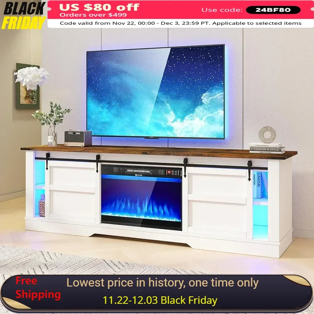 TV Stand LED Light with Set of Shelf Modern Entertainment Center with Sliding Barn Door and Cabinet Electric Fireplace TV Stand