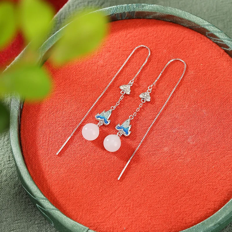 S925 Silver Hetian White Jade Cloisonné High Mountain Round Bead Ear Thread Earrings In Style