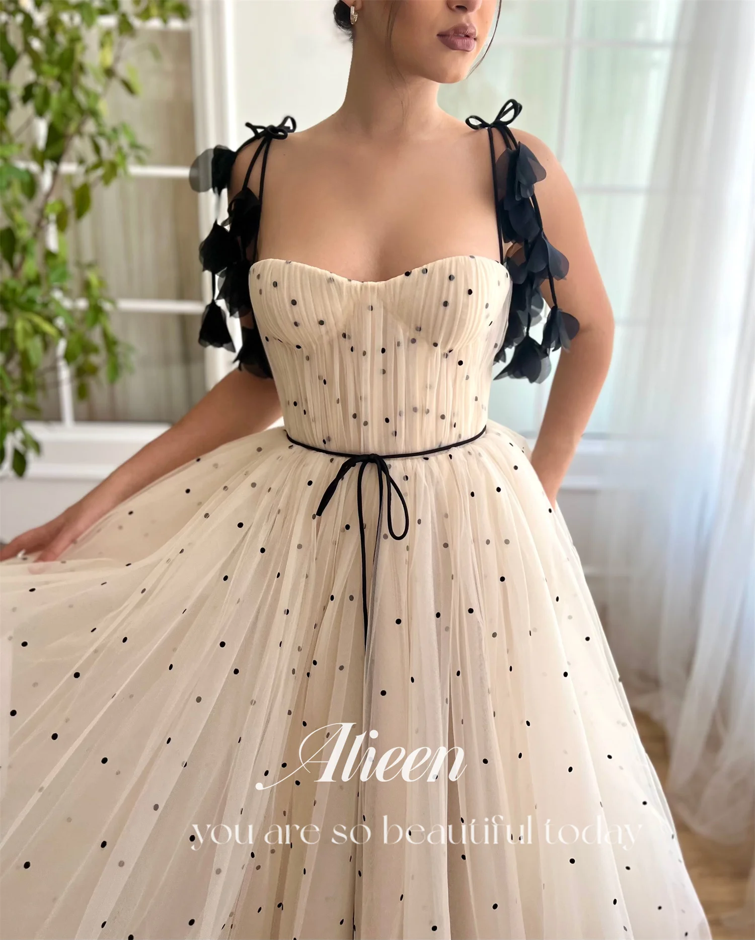 Aileen Champagne Sweetheart Black Dots A-line Chubby Elegant Party Dresses Woman Evening Gala Prom Wedding Dress 2024 Graduation