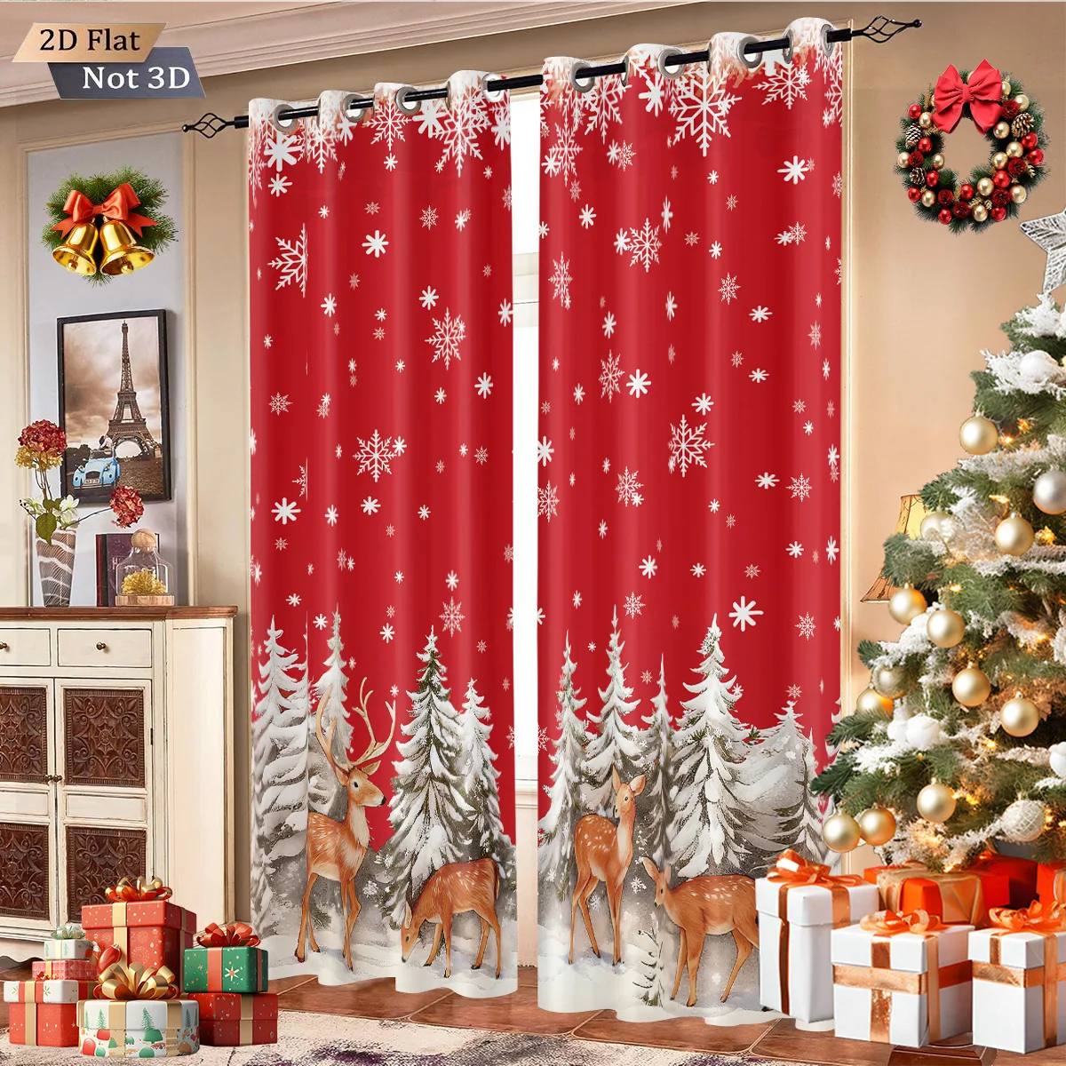 2 Stück Verdunkelungsvorhänge mit Weihnachtsschnee, Wald, Rentier, bedruckt, mehrere Größen, Wohnzimmer, Isolierung, Dekoration, maschinenwaschbar