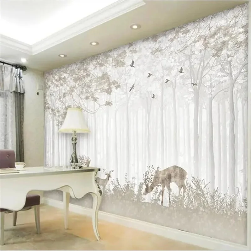 Custom Wallpaper 3d large tree mural black and white birch forest background decorative bamboo leaf crane study tea room Murals