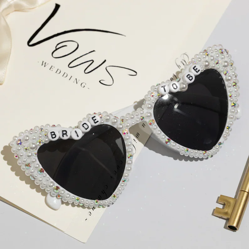 Encrusted Pearl Heart shaped Sunglasses, White Custom/Personalised Bride,Heart Sunglasses Babe & Bride Sunglasses