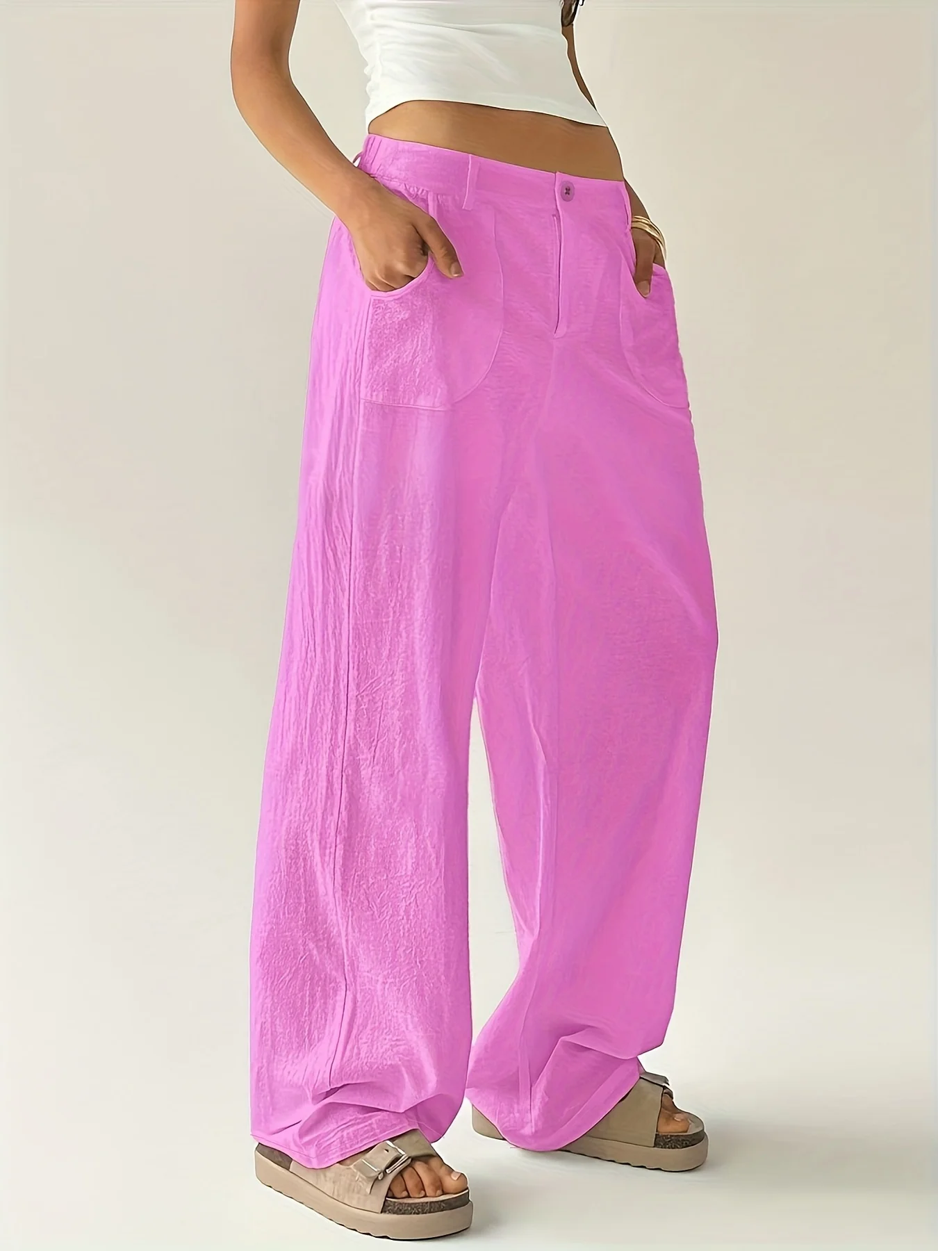 

Розовые женские повседневные брюки оверсайз из тканого материала, удобные, свободного кроя, с высокой талией, прямые штанины, розовые