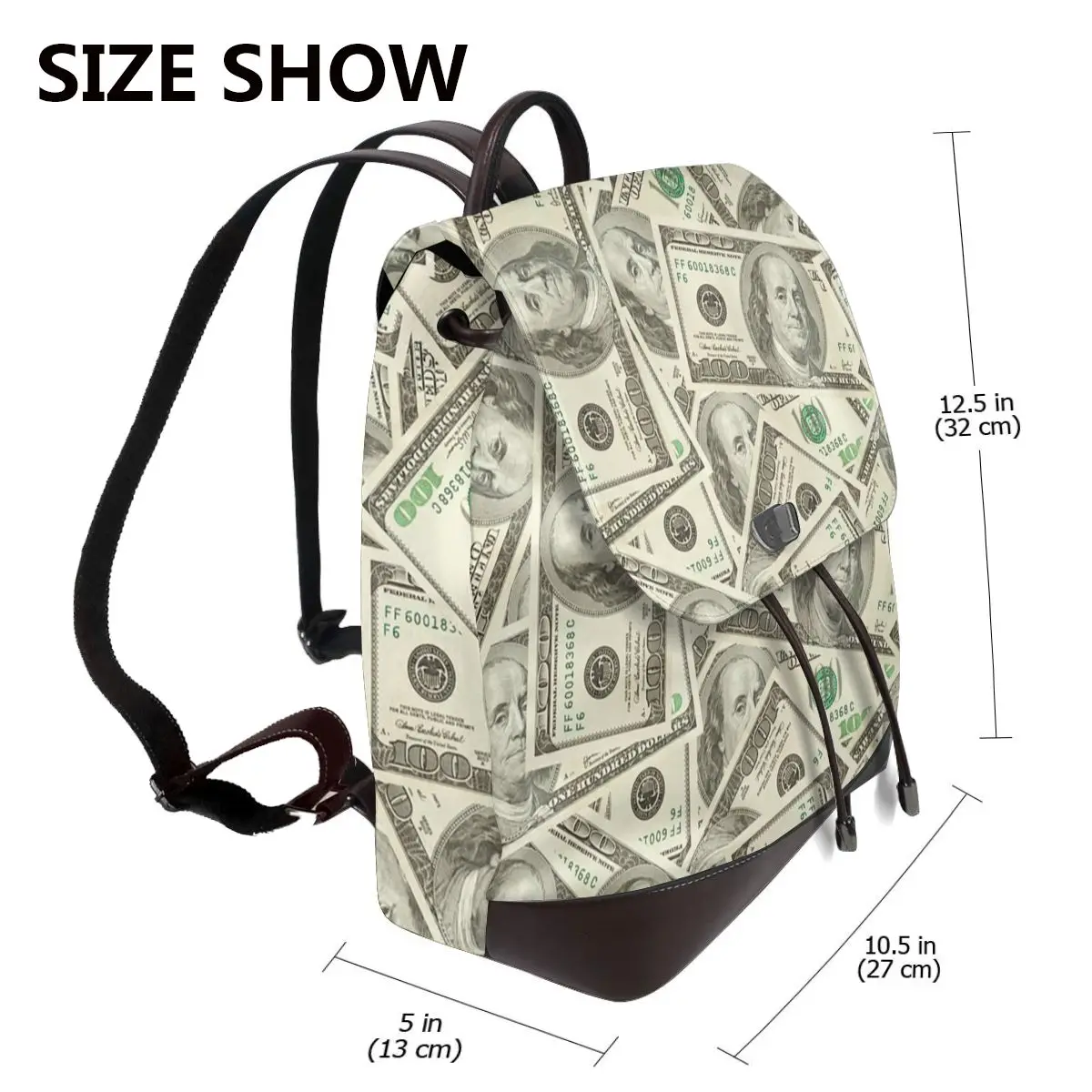 US Dollar Banknotes Bookbag School Student Bags Hiking Travel Daypack for Women Fashion Derma Backpack