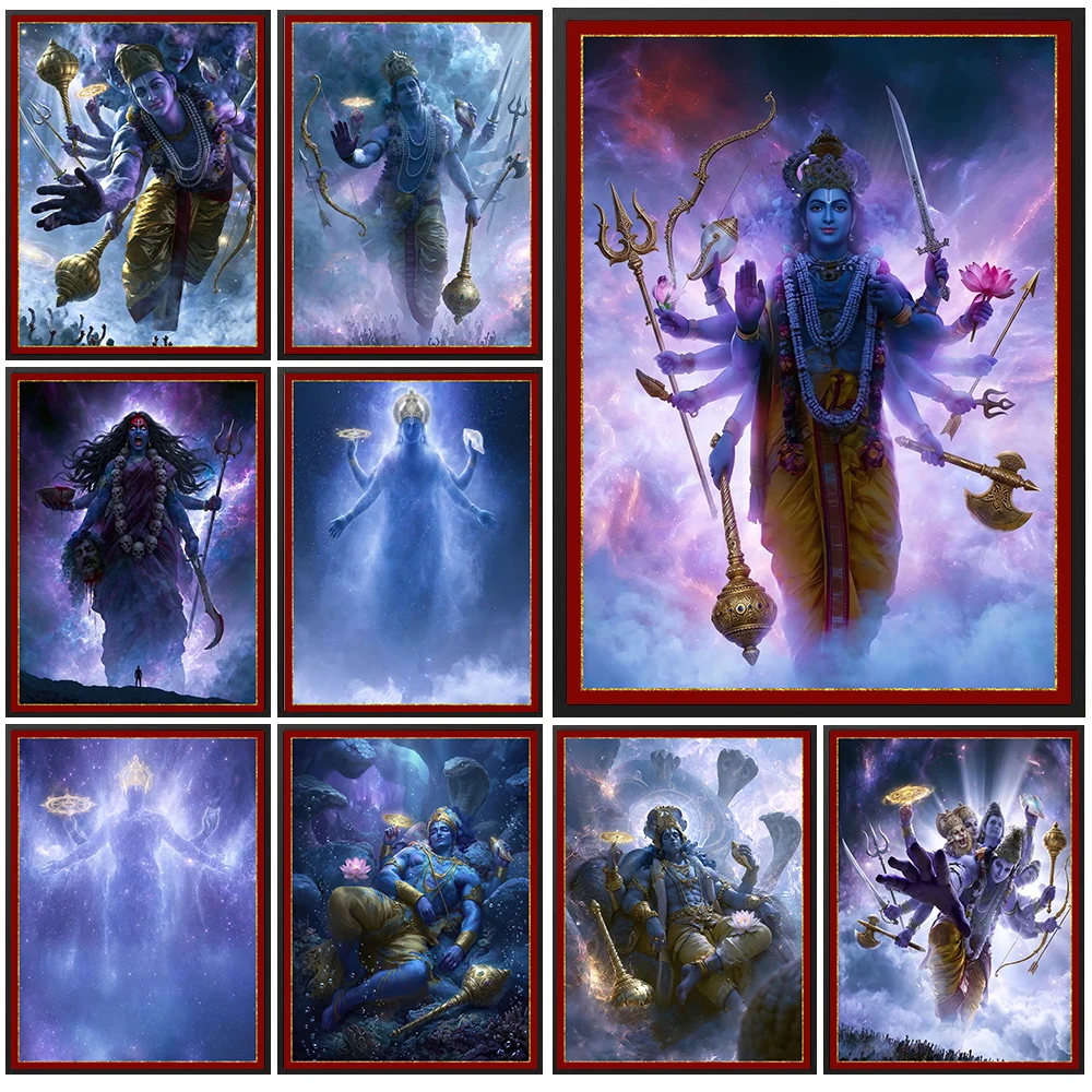 Hindu Mythology Wall Canvas Art,Lord Vishnu & Goddess Kali Cosmic Galaxy Poster,Spiritual Religious Artwork Wall Art Home Decor