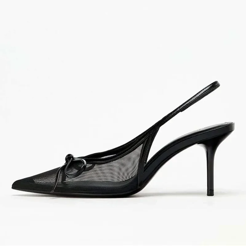 شبكة أشار تو عالية الكعب النساء Bowknot تنفس مثير فستان الحفلات أحذية صيف جديد أسود Slingback مصمم مضخات الصنادل #3