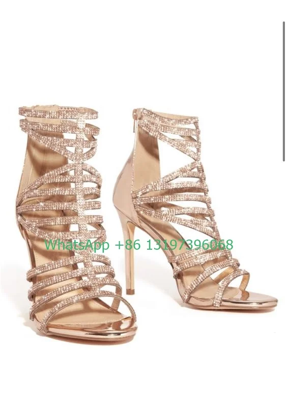 

Lady bling rhinestone hollow sandals mirror gold high heels sexy cover heel open toe shoes summer dress party banquet sandals 43