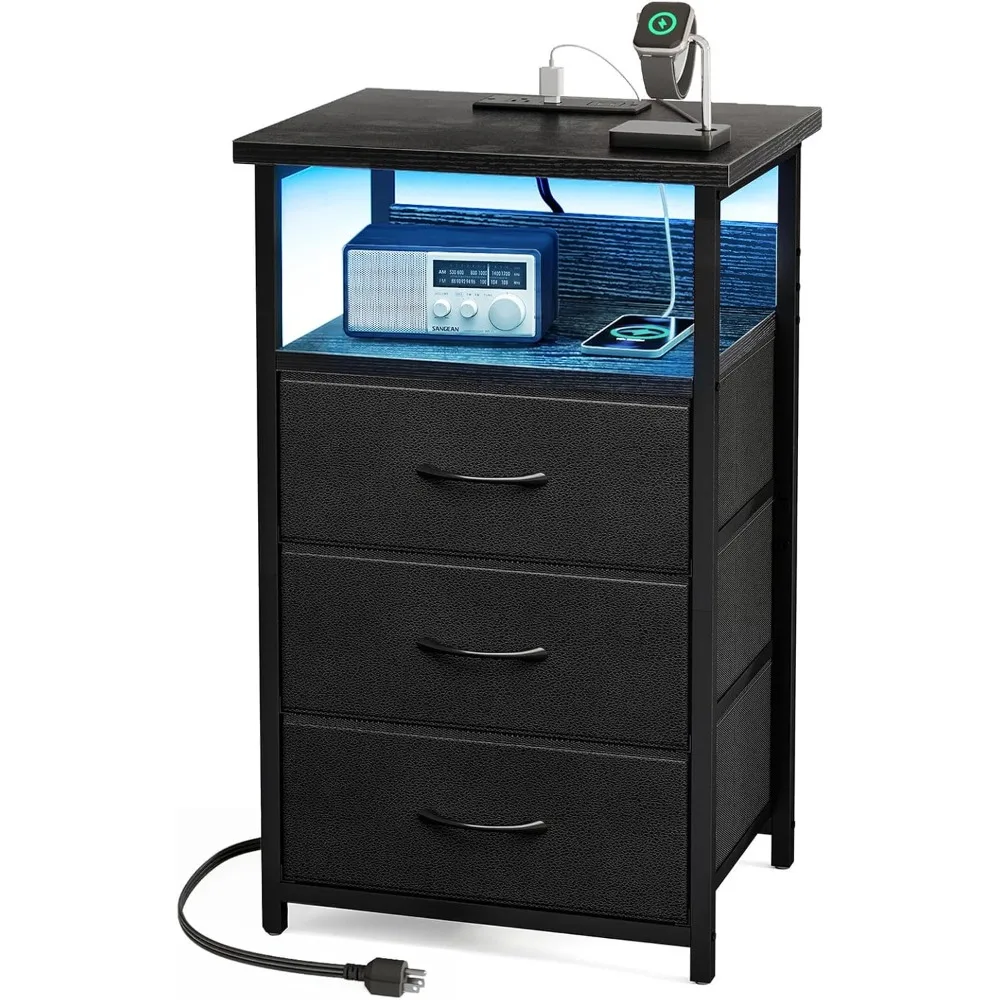 

Charging Station Nightstand with LED, USB Ports, Outlets, and 3 Fabric Drawers