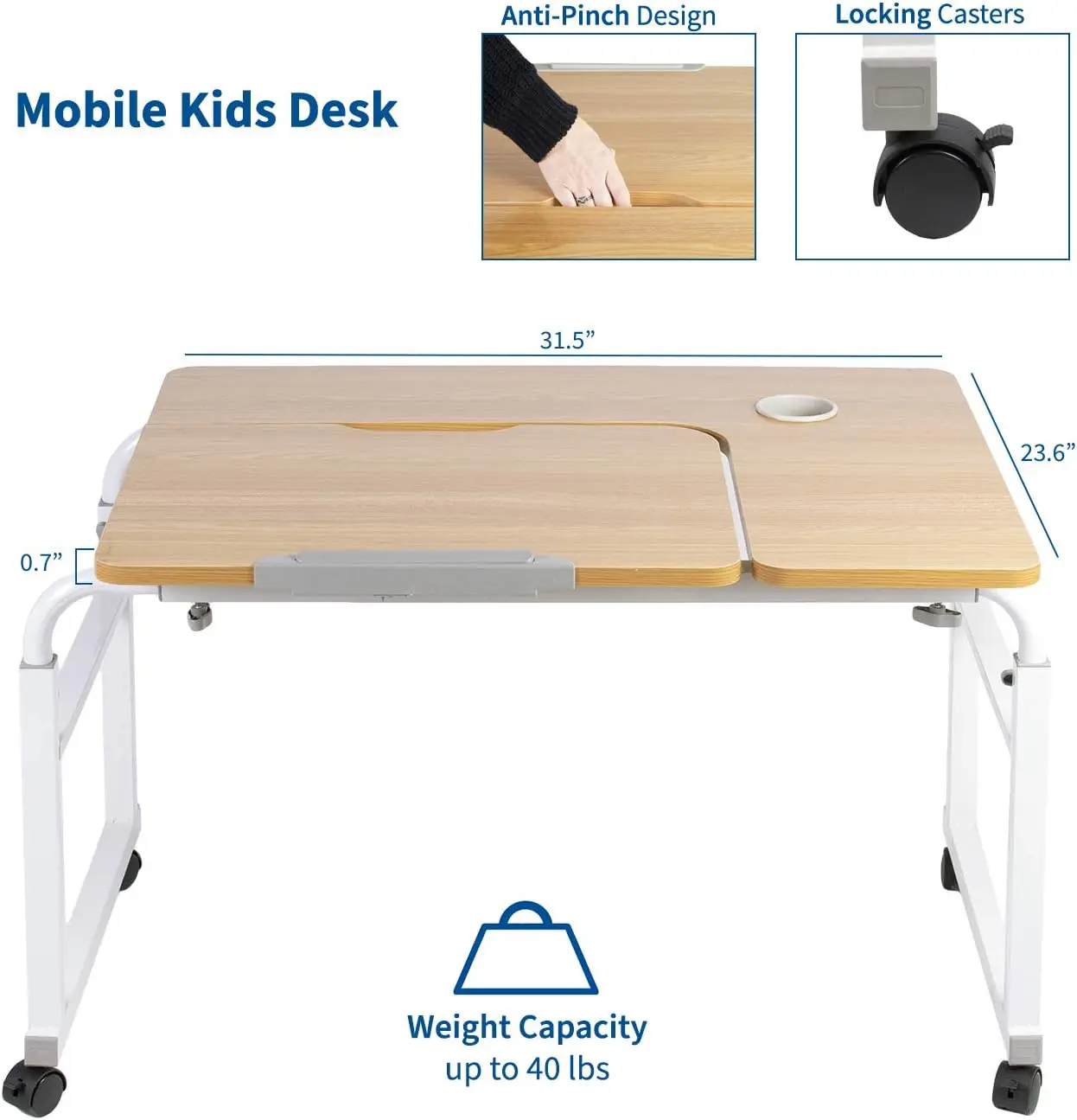 Mesa móvel ajustável em altura e comprimento para crianças e adultos, tampo de mesa inclinado, estação de trabalho ergonômica interativa rolante