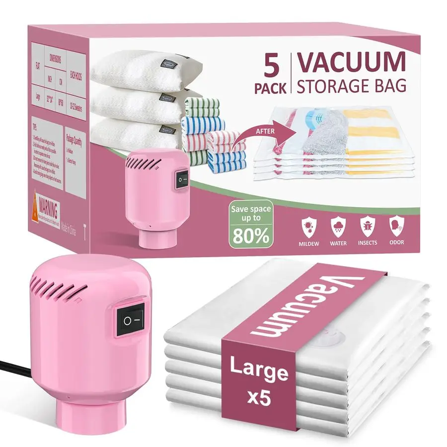 

Seal Bags for Clothing Travel, 5 Pack Space Saver Vacuum Storage Bags with Electric Pump,Portable Compression Sealer for Clothes