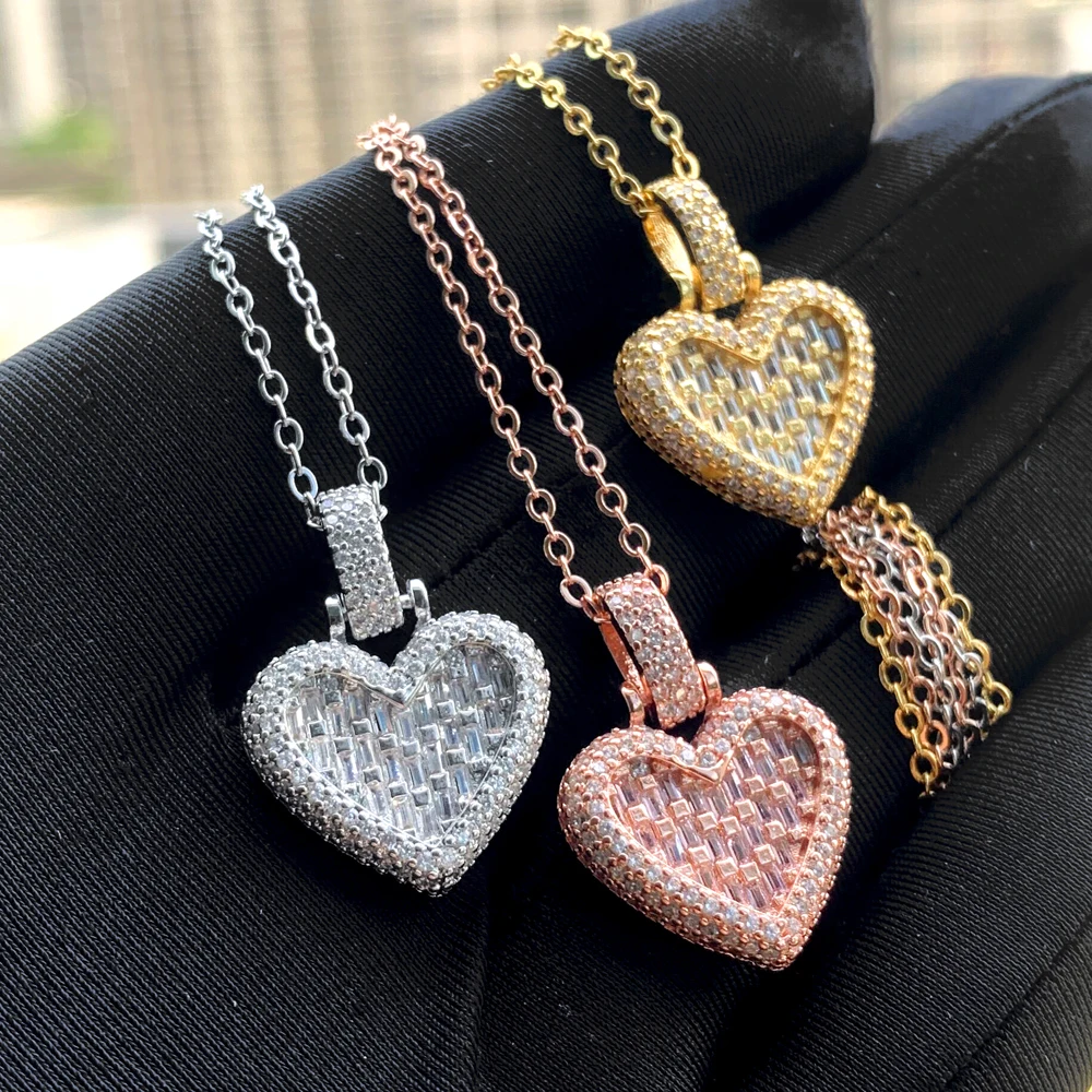 High Quality Ice Out Bling White Pink Rectangle CZ Heart Shaped