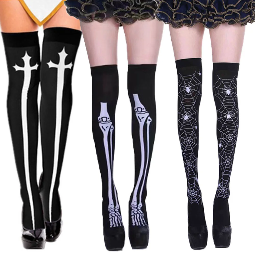 Subculture Classic Lolita Black Goth Cute Stockings Thigh Highs Gothic Punk Retro Japanese Girls Spider Web Skull Bat Long Socks