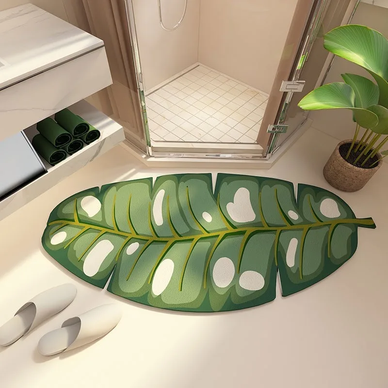 Luxurious Unique-Shaped Rug for Bathroom  Absorbent and Slip-Resistant with Green Plant Design