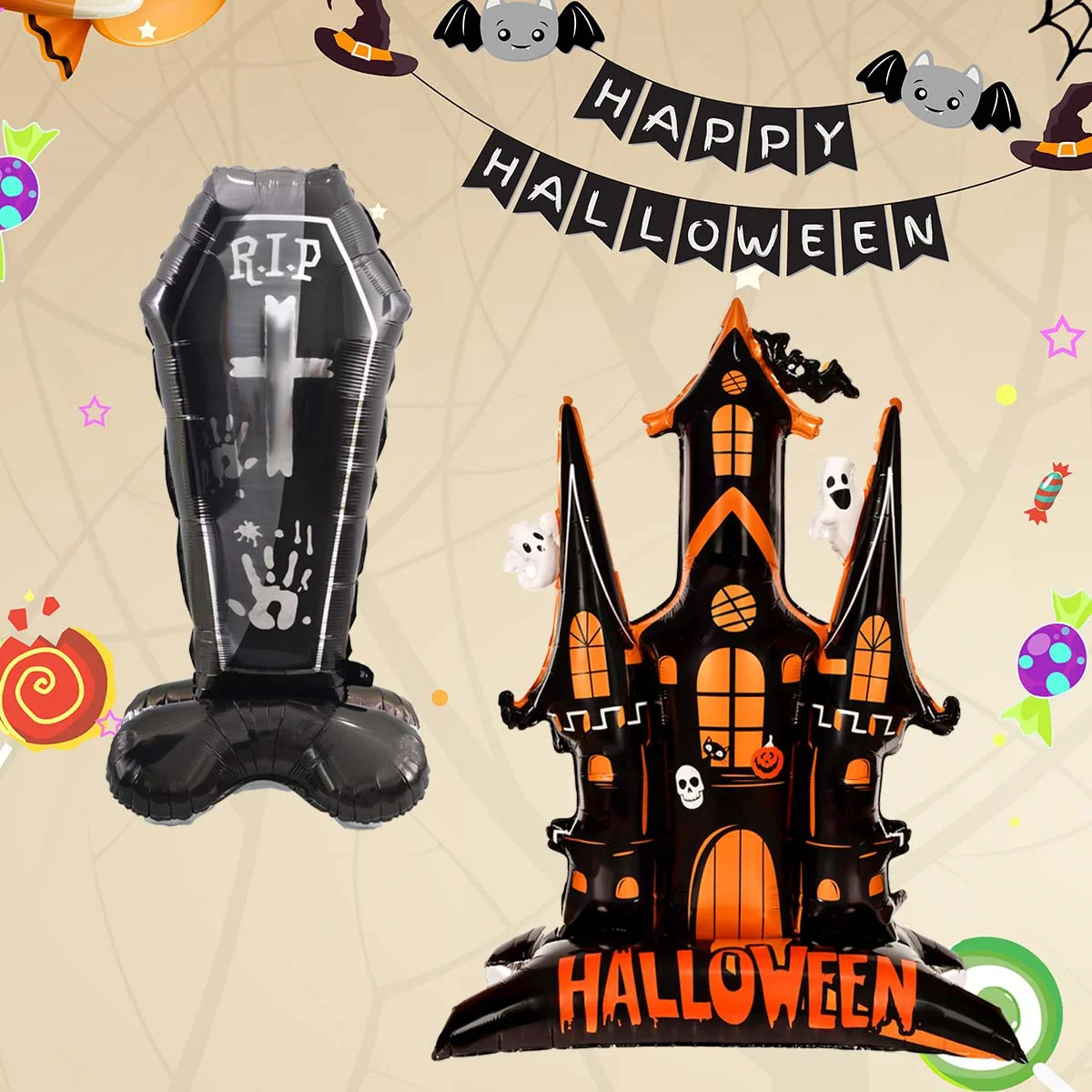 60-Zoll-Ständer mit Sockel, Halloween-Thema, Turm, Grabsteinform, Folienballons, Halloween-Dekorationen