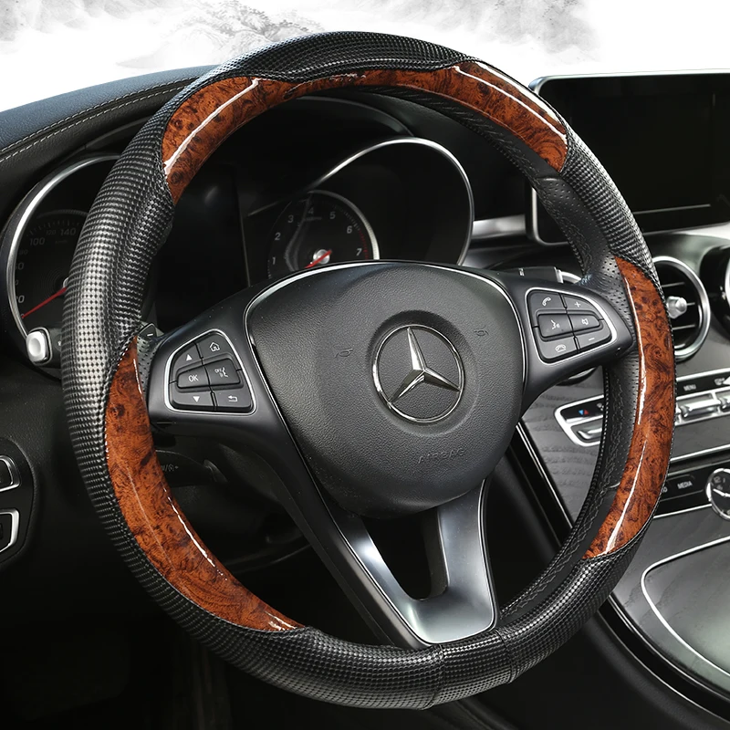 New  Peach Wood Grain Round Steering Wheel Cover  Universal Fit for 14 .5-15 Inch Durable Leather Cover Anti-Slip Veins Design