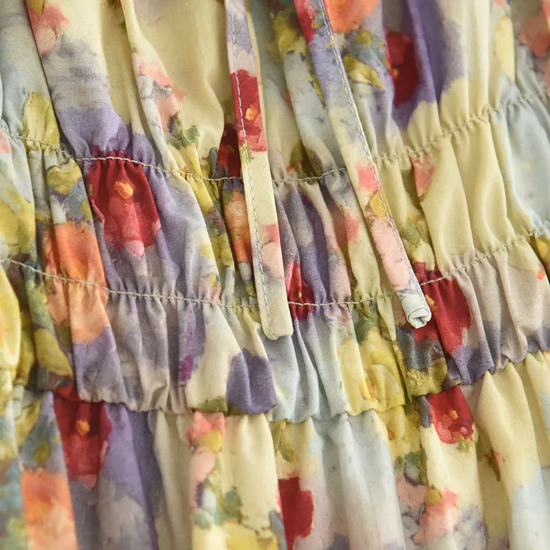 Letnia sukienka damska z długim paskiem, wzór retro olejny, kwiatowy, wyszczuplająca talię, styl Faion Dr, lato 2025.