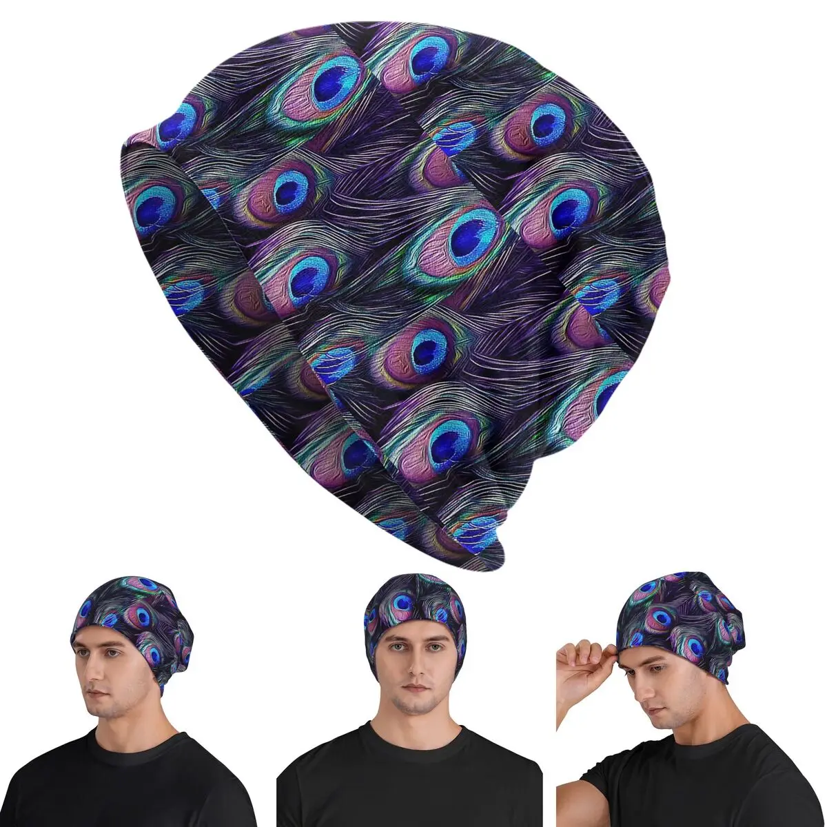 

Peacock Feathers Skullies Beanies Hats Warm Autumn Winter Outdoor Cap Knitted Bonnet Caps for Unisex Adult