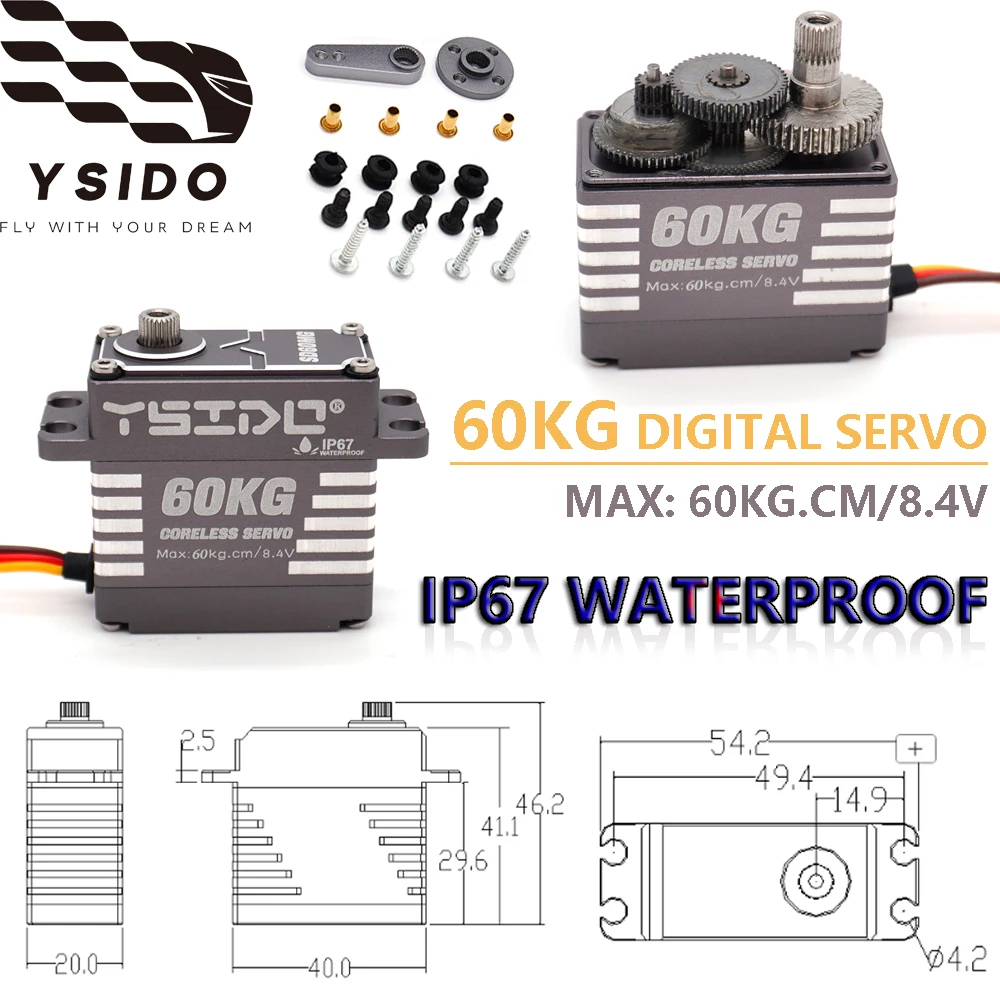 

YSIDO Waterproof SD60MG 60KG Digital Servo 180° 8.4V High Torque RC Servo Motor for 1:8 1:10 Traxxas Scx10 RC Clawer Car Model