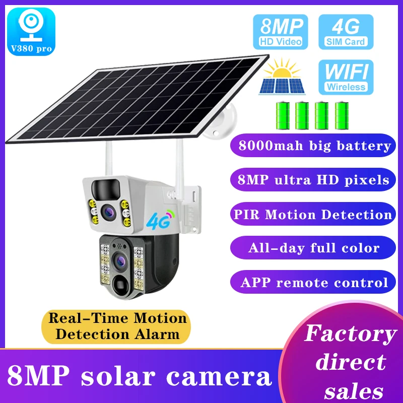 

V380 Pro IP66 Waterproof 8MP solar camera PIR Night Vision Dual Lens Wifi IP Low Power Wireless with Battery Smart Home Camera