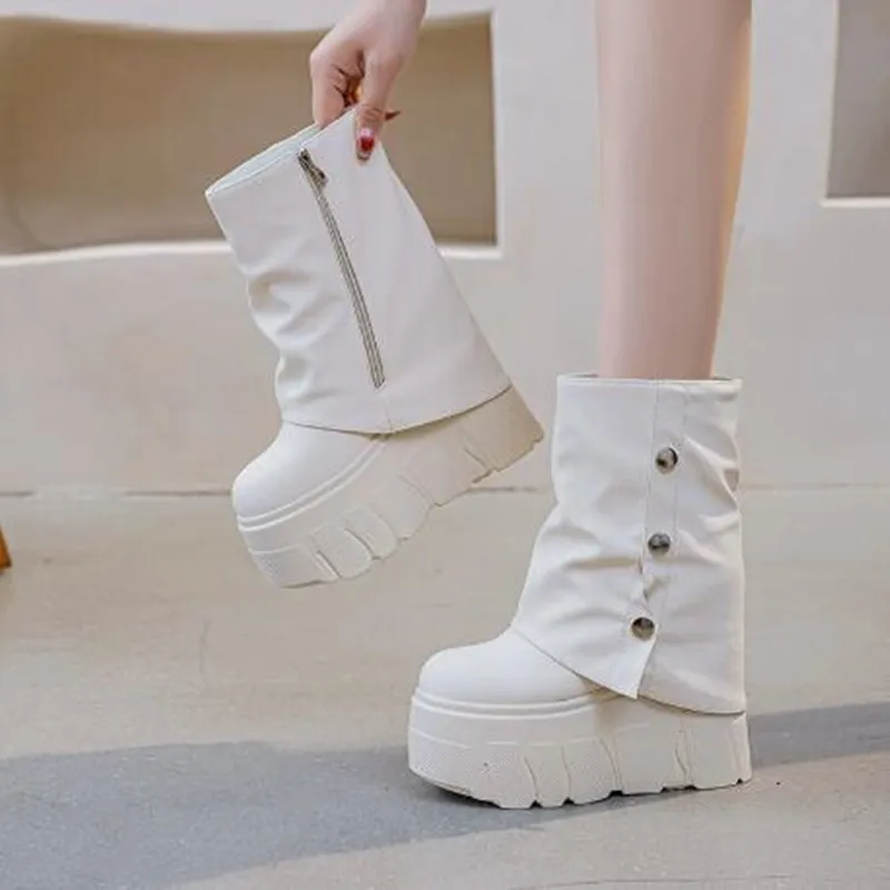 

Fashion 14cm Women Ankle Boots Microfiber Leather Waterproof Warm Fur Winter Boots for Women Booties Platform Hidden Heel Shoes